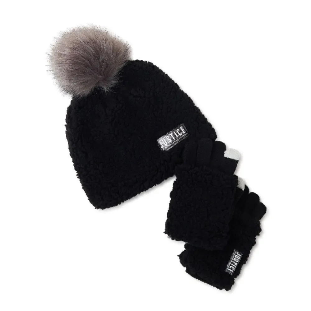 Justice Girls Beanie With Pom Pom & Gloves Winter Set